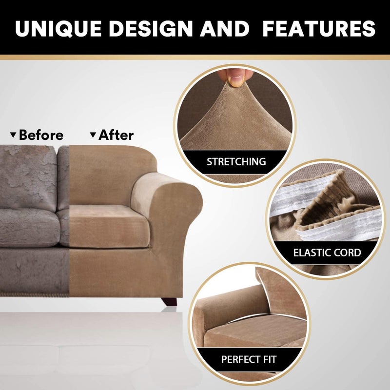 PrinceDeco Velvet Couch Covers for Sofa Soft 4 Pieces Couch Covers for 3 Cushion Couch Sofa Pet Friendly Furniture Protector with Non Slip Elastic Bottom Width Up to 90 Inch (Large, Camel) - Image 3